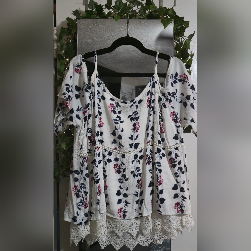 Flowered Cold Shoulder Shirt